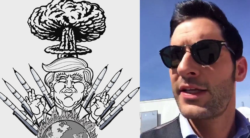 Tom Ellis Posts Cartoon Of Trump At War – “I’m Praying For The World Right Now”