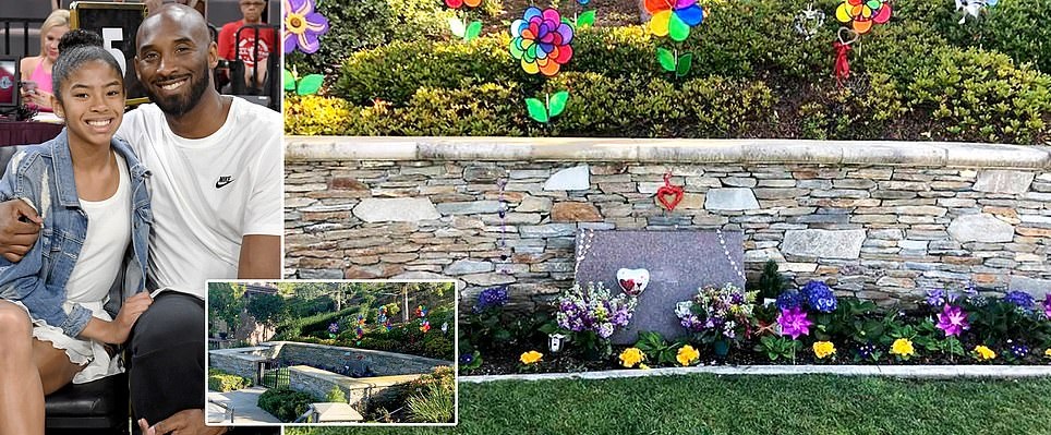 Kobe & Gianna’s Final Resting Place – Decorated With Lakers Colored Flowers, Pinwheels & Rosaries