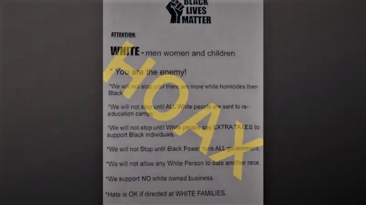 HOAX: Trump Supporters, Racists & QAnon Circulating BOGUS BLM FLyer