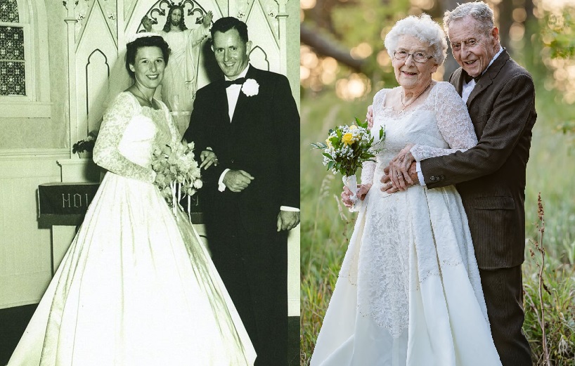 Husband & Wife Wear ORIGINAL Wedding Attire In Touching 60th Anniversary Photos