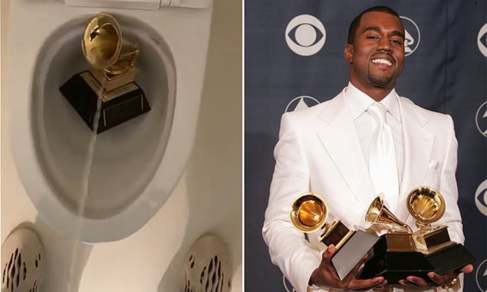 Kanye West Shares Clip Of Himself URINATING On Grammy Award – Calls Himself ‘The New Moses’